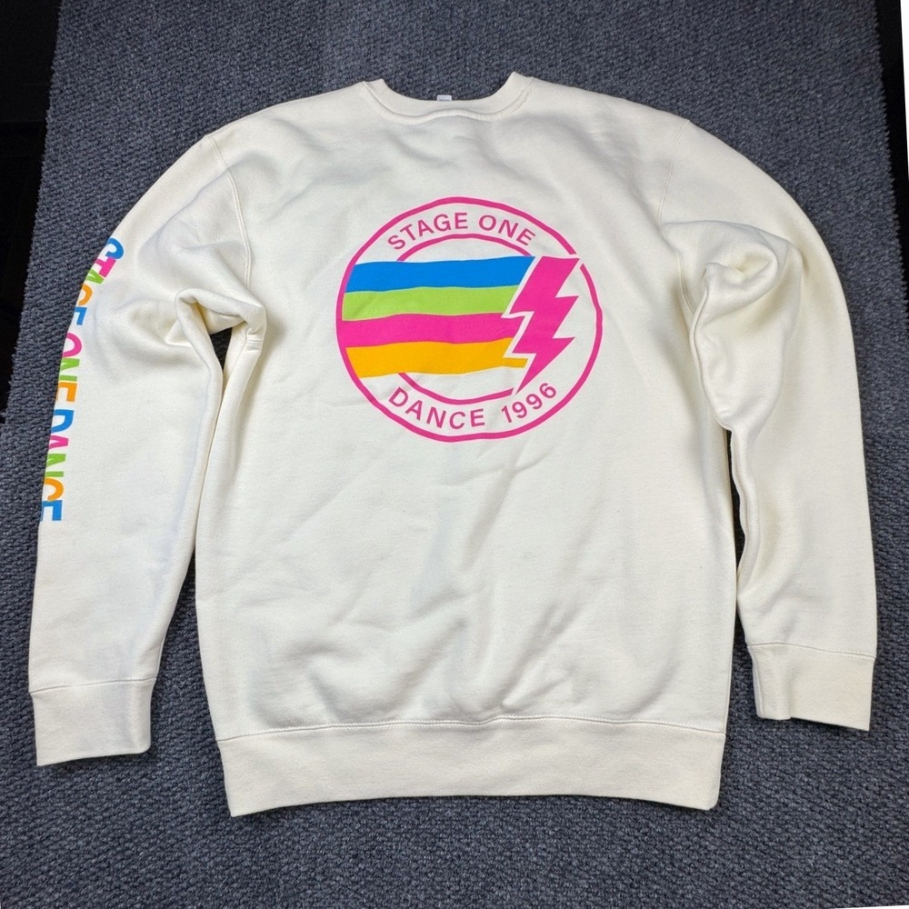 Stage One Dance 1996 Graphic Sweatshirt S Cream Unisex Relaxed Fit Vintage Style